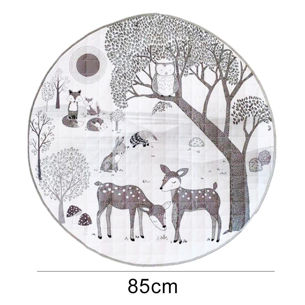 Round 85cm play mat by Stevvex with Nordic forest animals print in grey tones, deer and rabbits on Tampa Home & Garden Store