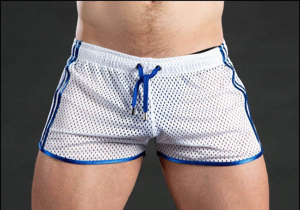 Men's mesh running shorts white with blue piping, drawstring waist, quick-dry fabric on Tampa Home & Garden Store