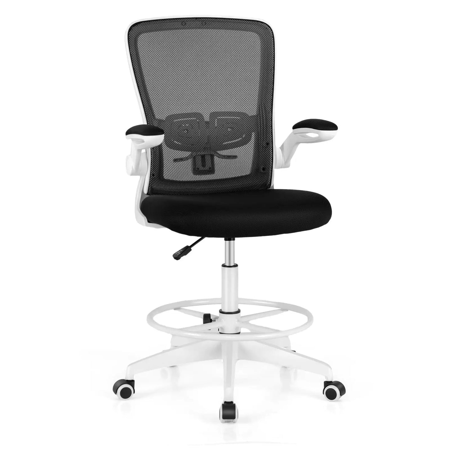DirectDeals adjustable drafting chair with flip-up arms, mesh back, black seat, white frame on Tampa Home & Garden Store