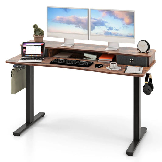 55-inch wide height-adjustable DirectDeals desk with two drawers and wood finish, dual-monitor setup on Tampa Home & Garden Store