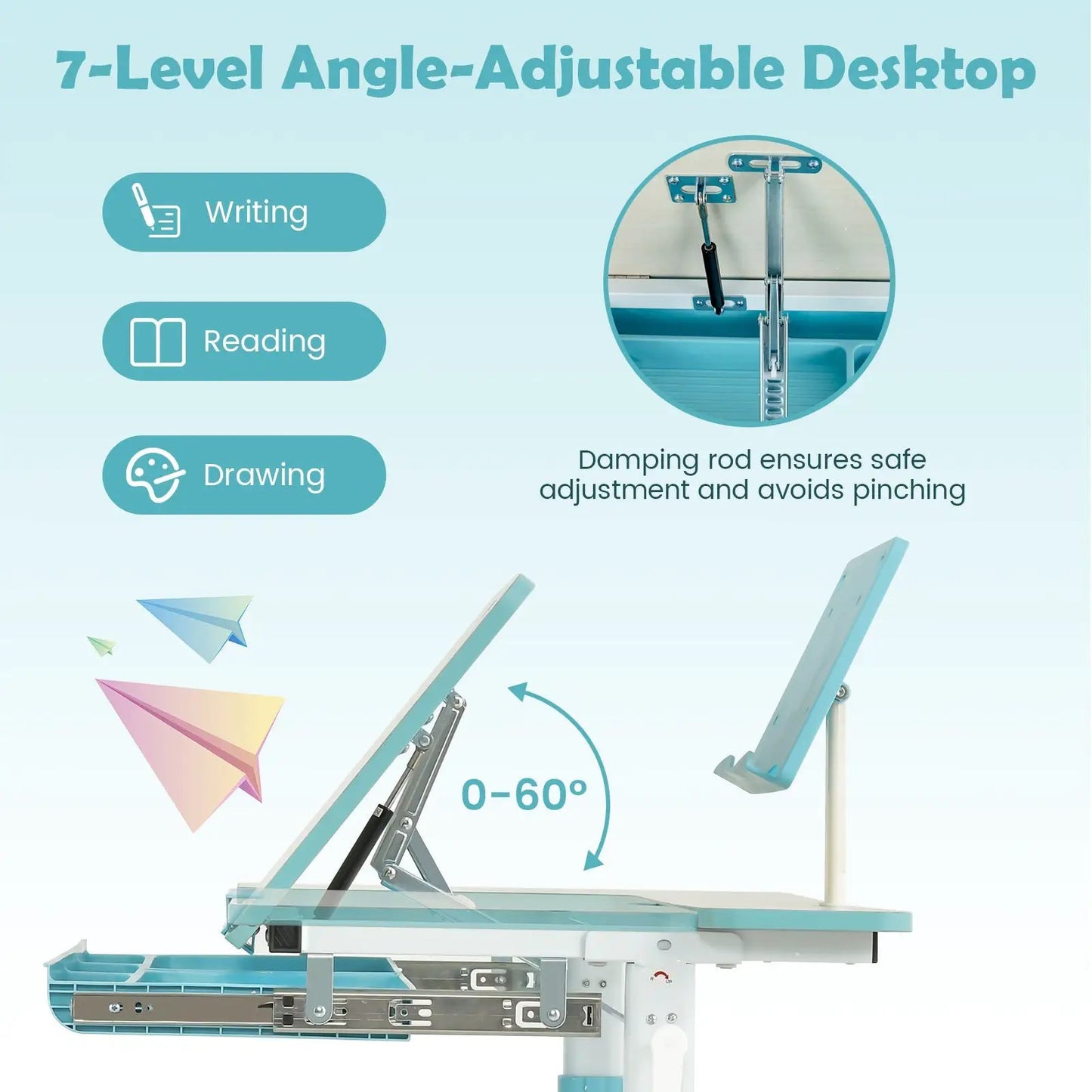 Height-Adjustable Kids Desk With Tilt Desktop DirectDeals teal & silver damping rod 0–60 tilt on Tampa Home & Garden Store