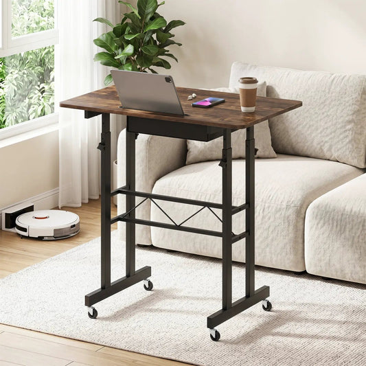 Height adjustable standing desk with wheels and drawer, wood top, black steel frame on Tampa Home & Garden Store