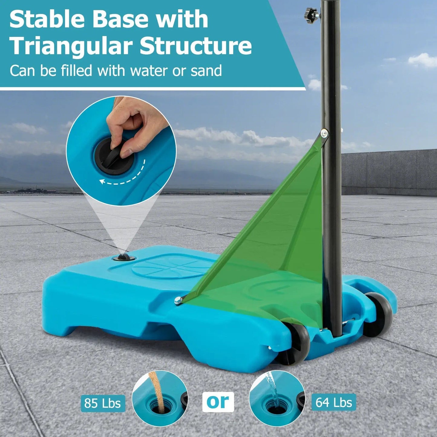 Height Adjustable Pool Basketball Hoop blue base with black pole on Tampa Home & Garden Store