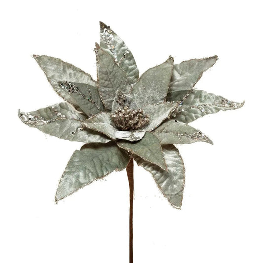 Heirloom Poinsettia Stem Champagne Bloom artificial stem with glittery silvery leaves on Tampa Home & Garden Store