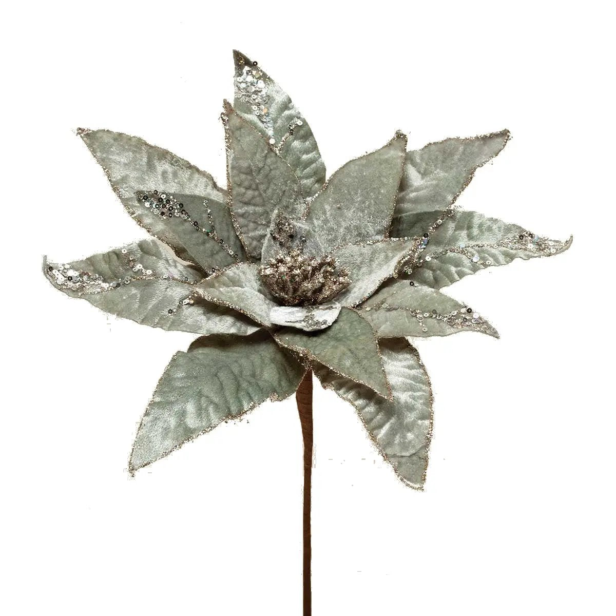 Heirloom Poinsettia Stem Champagne Bloom artificial plant with glittered silver leaves on Tampa Home & Garden Store