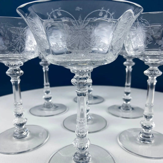 Heisey champagne stemware set of 6 orchid-etched crystal glasses on Tampa Home & Garden Store