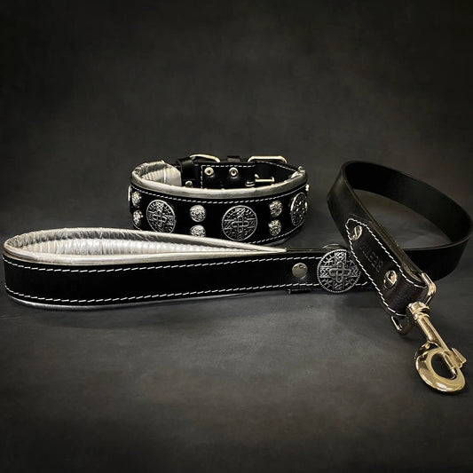 Hektor Leather Collar with Orthopedic Cushion by Bestia Dog Gear in black leather with conchos on Tampa Home & Garden Store