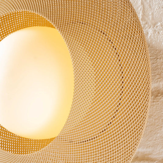 Helios Sconce with Dimmer Pull Plug In, woven rattan shade, warm glow, Wooj Design wall lamp on Tampa Home & Garden Store