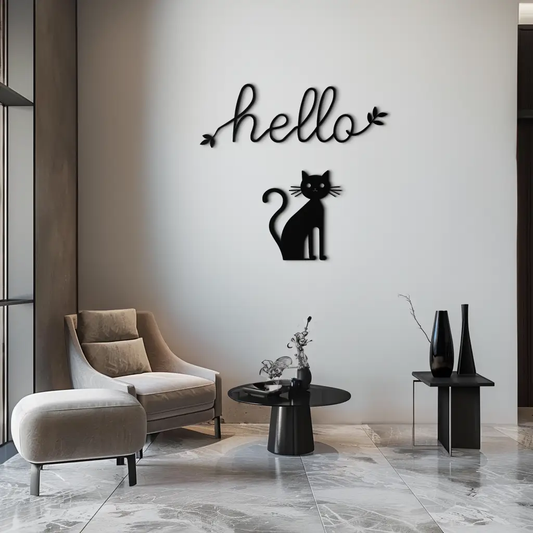 Hello Cat Metal Wall Art – Whimsical Welcome Sign with Cat Silhouette for Entryway or Living Room- KAF352 - Tampa Home & Garden Store