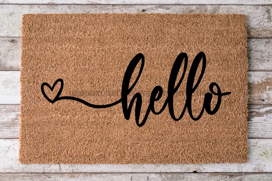 Hello door mat 30x18 natural coir front door mat with black script hello and heart motif on Tampa Home & Garden Store
