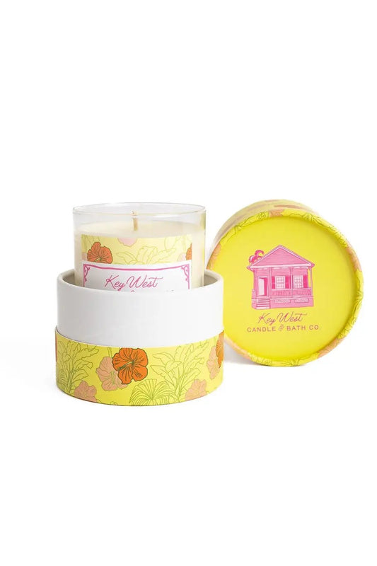 Hemingway Garden Glass Candle Romantic Floral yellow wrap Key West Candle & Bath Co lid on Tampa Home & Garden Store