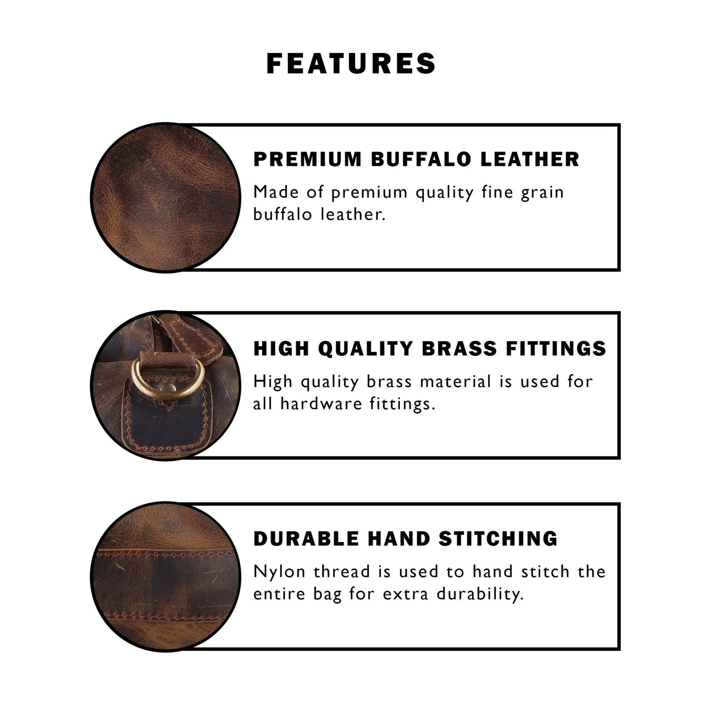 Henderson Premium Buffalo Leather Travel Duffel brown buffalo leather with brass fittings on Tampa Home & Garden Store