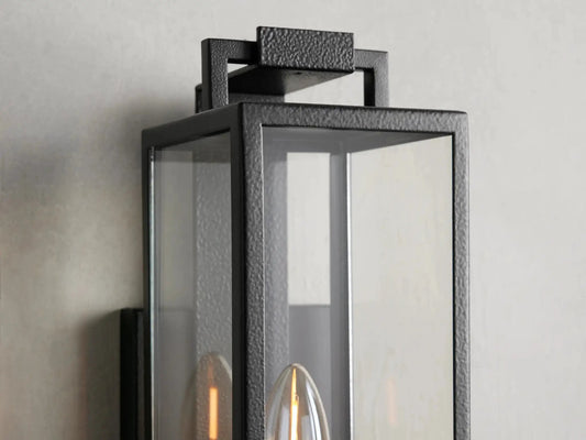 Outdoor Iron Wall Lantern with black hammered finish and clear glass panels on Tampa Home & Garden Store