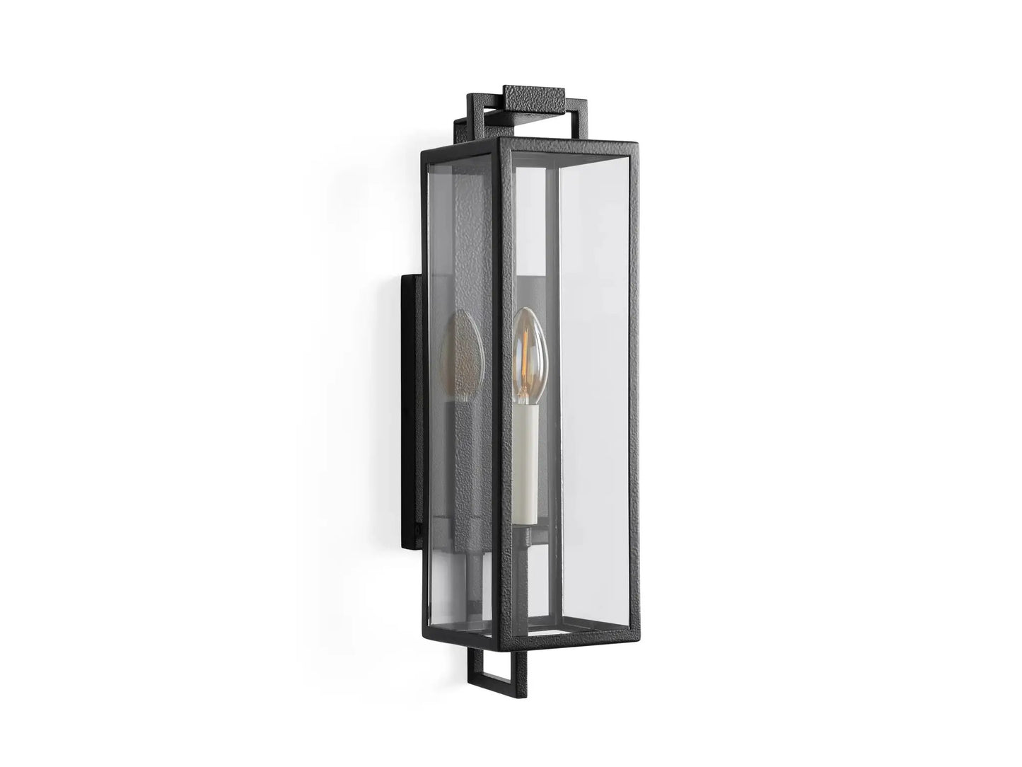 Outdoor iron wall lantern with glass panels, black textured finish, E12 porch light on Tampa Home & Garden Store