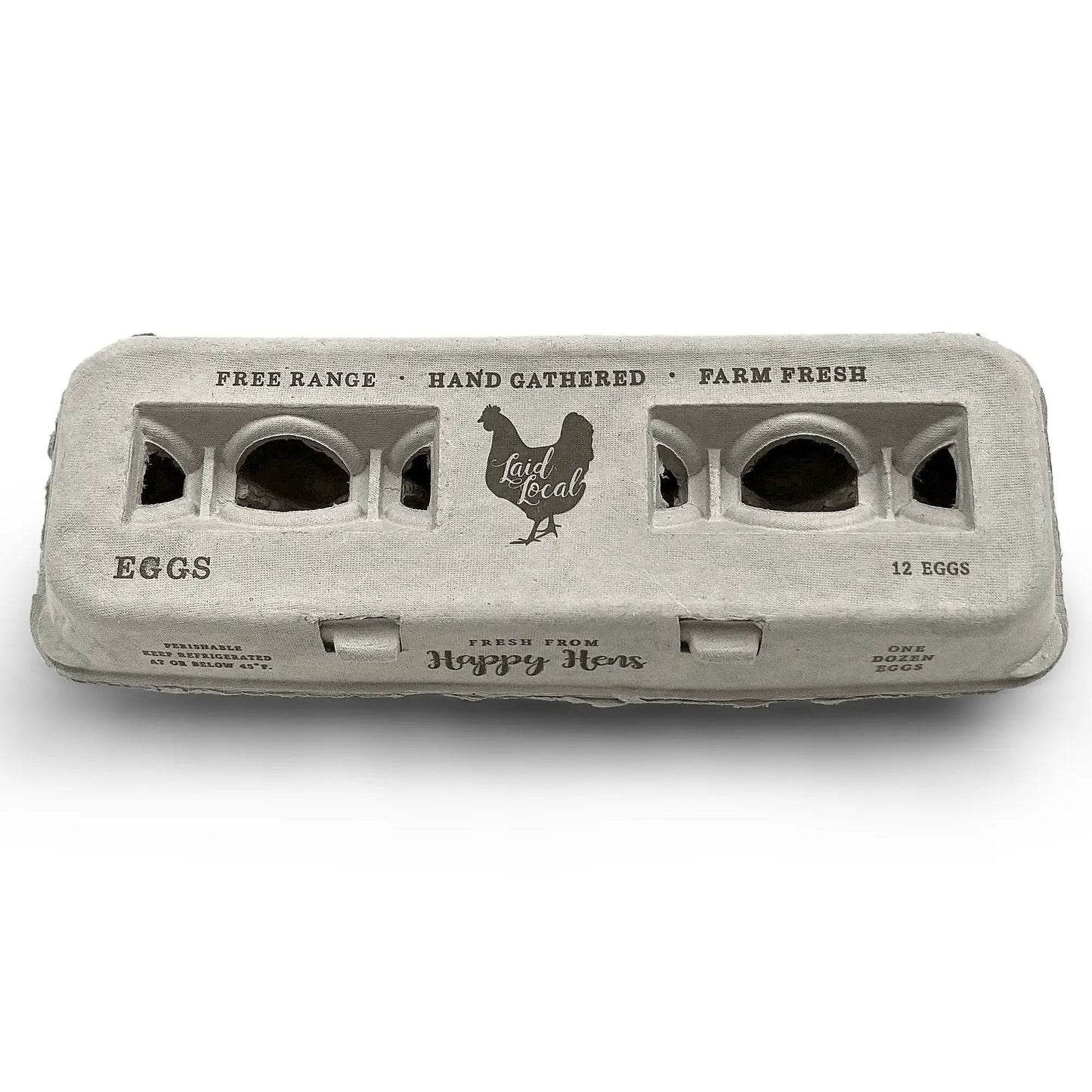 Egg cartons gray cardboard with vintage printed design and Laid Local logo, 12 eggs on Tampa Home & Garden Store