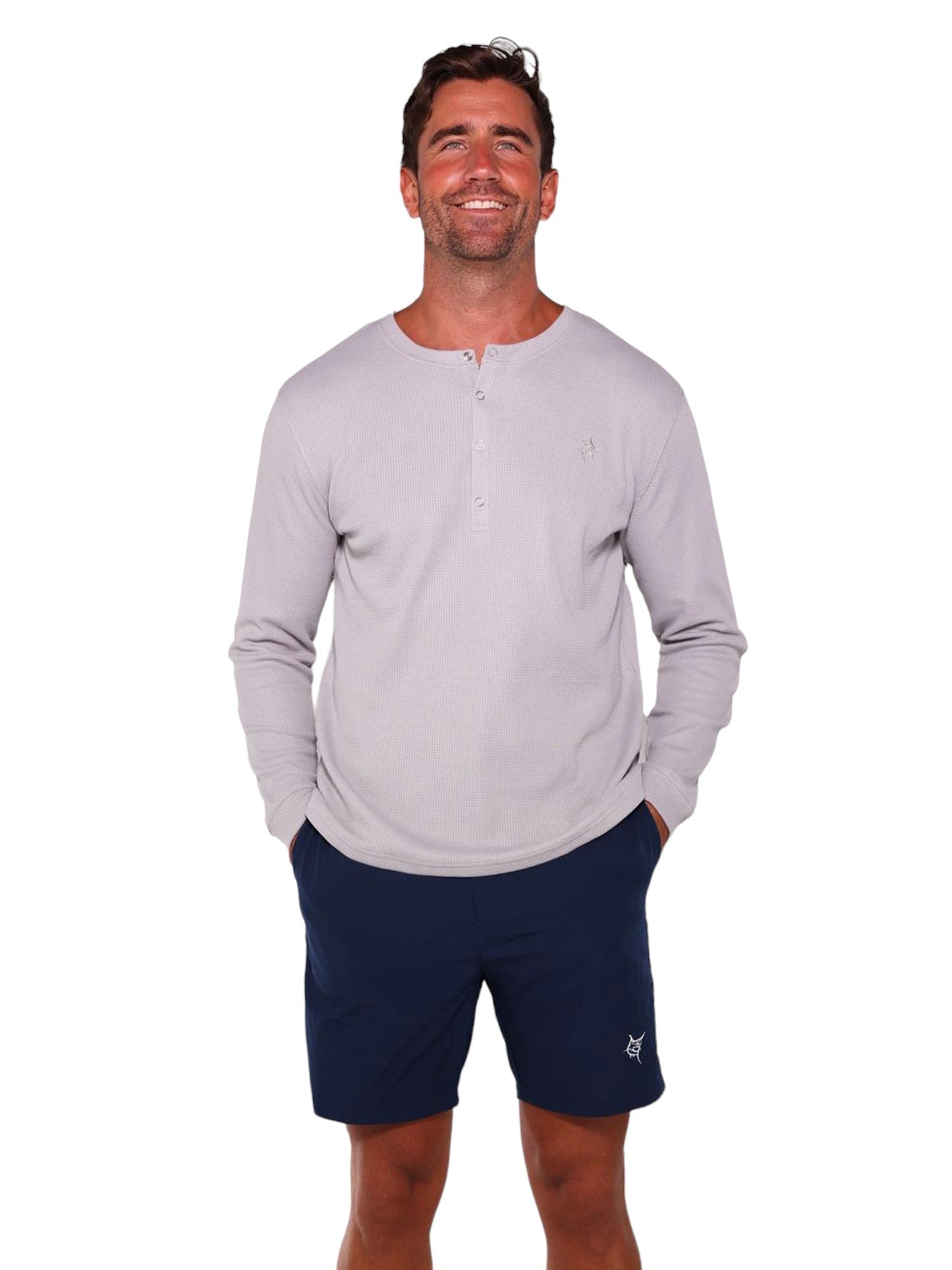 Mystic Henley long sleeve shirt by White Water Life in heather gray with button placket on Tampa Home & Garden Store