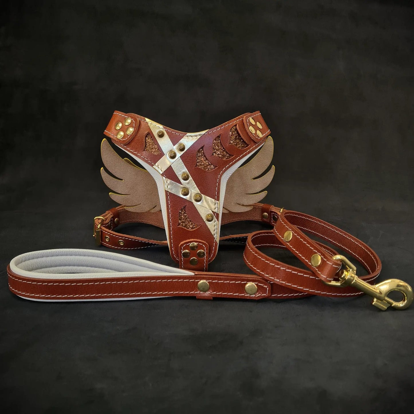 Hermes Premium Leather Harness & Leash Set by Bestia Dog Gear, brown with brass studs, 2-piece on Tampa Home & Garden Store