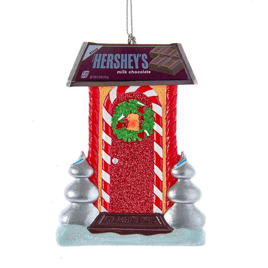 Hershey's Gingerbread Door Ornament; red glitter door, candy cane columns, wreath on Tampa Home & Garden Store