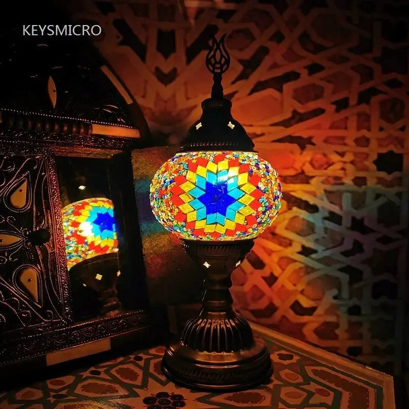 Turkish mosaic table lamp with stained glass globe in blue, red, yellow on bronze pedestal on Tampa Home & Garden Store