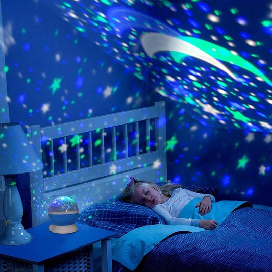 Stevvex LED starry night light projector casts blue stars across walls; child sleeping on Tampa Home & Garden Store