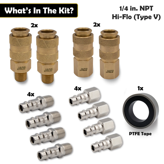 JACO Hi-Flo 1/4 in NPT air fittings kit with brass plugs and couplers, 2x pairs, 4x adapters on Tampa Home & Garden Store