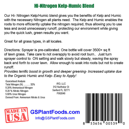 Hi-Nitrogen Kelp-Humic Blend 32-0-0 fertilizer label GS Plant Foods with barcode on Tampa Home & Garden Store