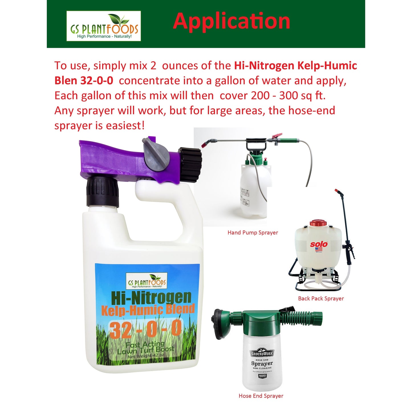 GS Plant Foods Hi-Nitrogen Kelp-Humic Blend 32-0-0 lawn fertilizer bottle with blue label on Tampa Home & Garden Store