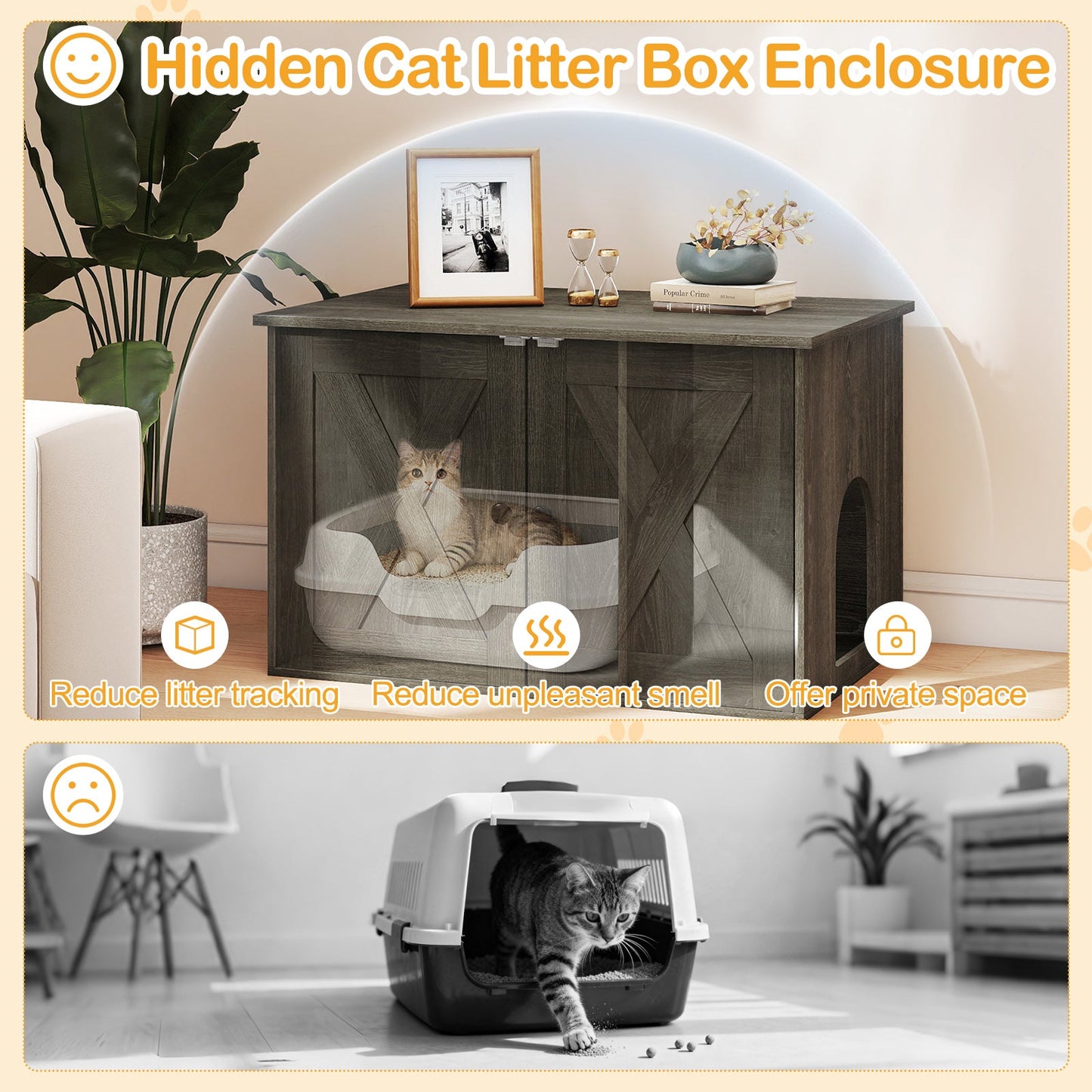 Hidden Cat Litter Box Enclosure in dark wood cabinet with Oak Divider, cat visible on Tampa Home & Garden Store