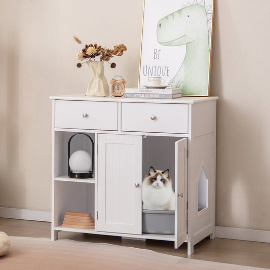 Hidden Cat Washroom Side Cabinet Wooden Pet House with 2 Drawers-White - Tampa Home & Garden Store