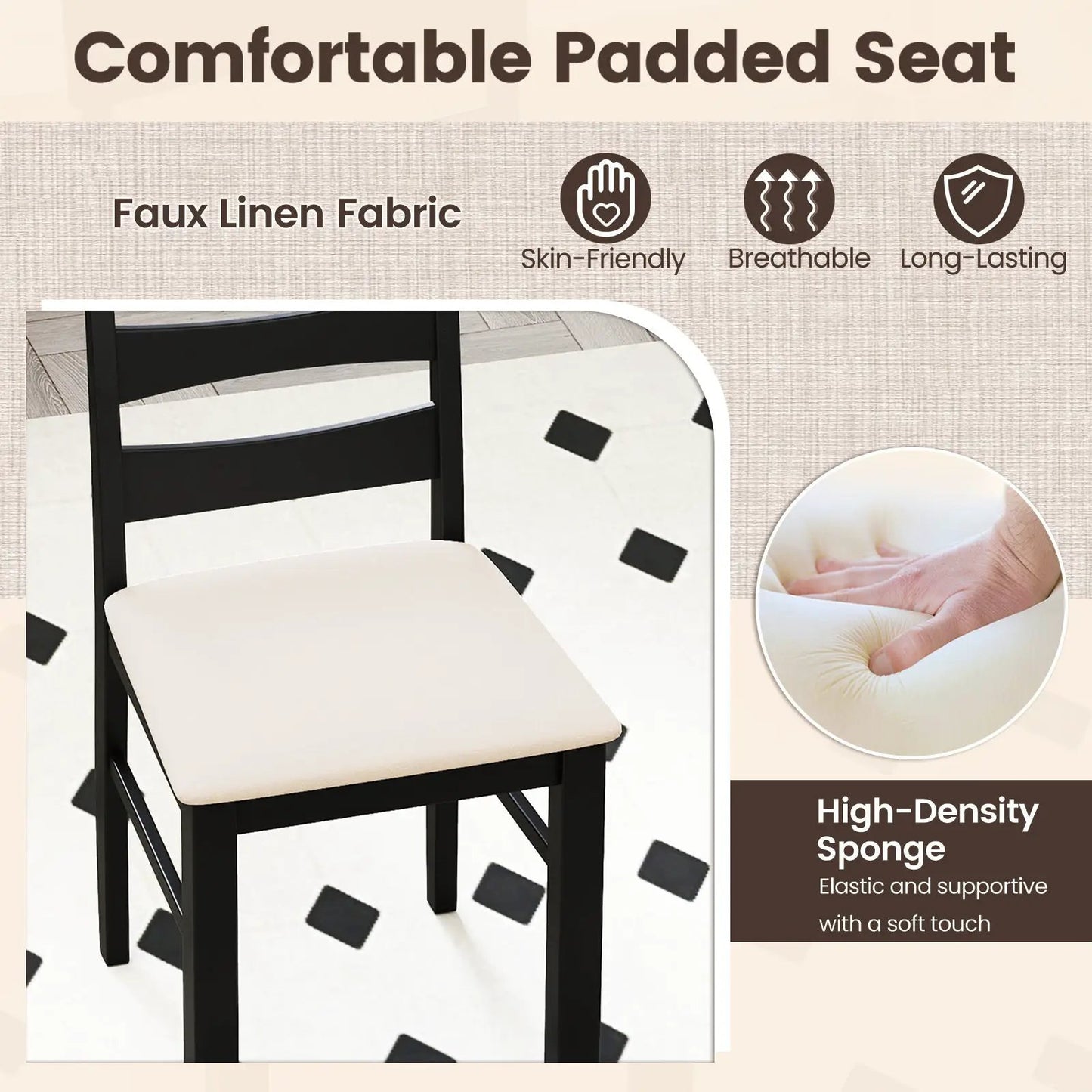 High-back dining chairs set of 2 by DirectDeals with padded beige seats, black wood frame on Tampa Home & Garden Store