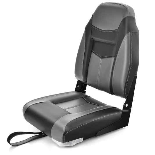 High back folding boat seat cushion in black and grey faux leather with contrast stitching on Tampa Home & Garden Store