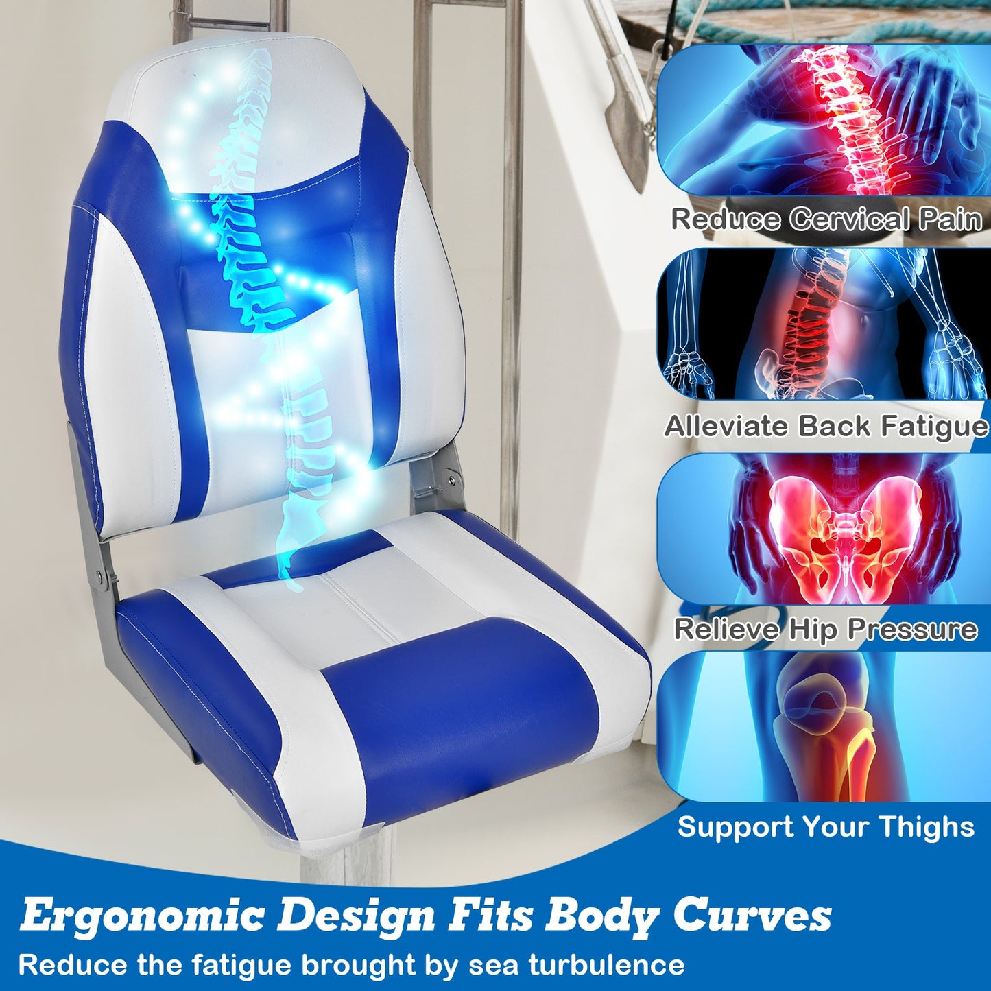 High Back Folding Boat Seat with Blue Cushion, white/blue padded chair for boats on Tampa Home & Garden Store