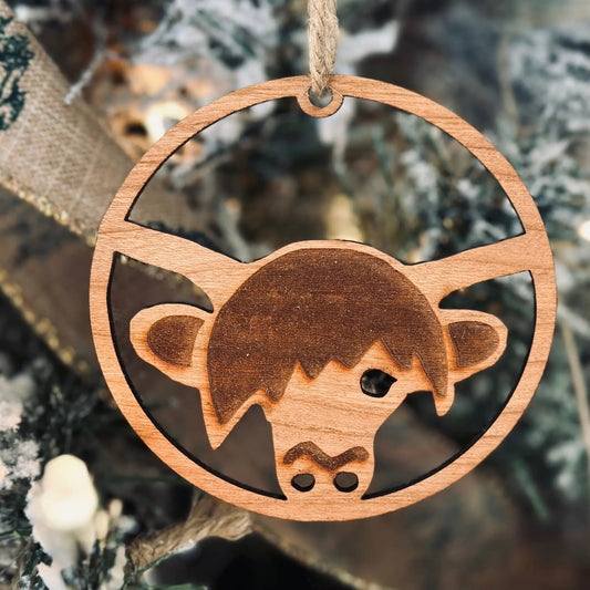 Highland Coo hairy cow wooden ornament natural wood color cutout silhouette Thistle & Stitch on Tampa Home & Garden Store