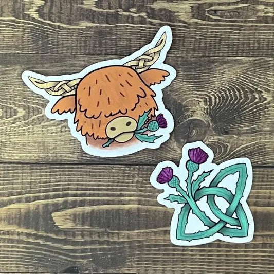 Highland Coo Celtic Knot Horns Sticker set of 2 cow head and teal knot with purple flowers on Tampa Home & Garden Store