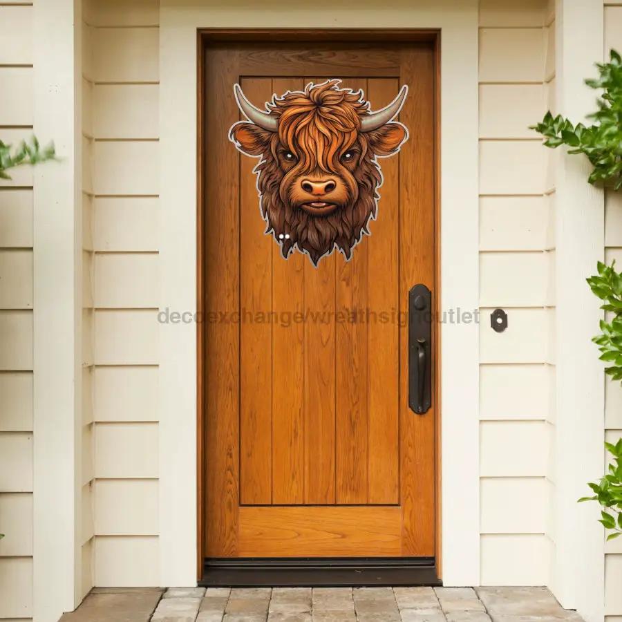 Highland Cow door hanger wood sign 22 inch with cow head graphic by DecoExchange on Tampa Home & Garden Store