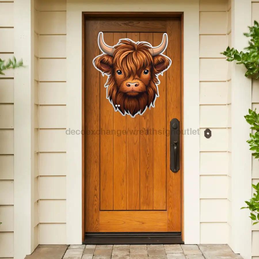 Highland Cow 22in door hanger wood sign with brown cow graphic DecoExchange on Tampa Home & Garden Store