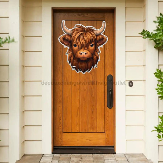 Highland Cow 22in door hanger wood sign with brown cow graphic DecoExchange on Tampa Home & Garden Store