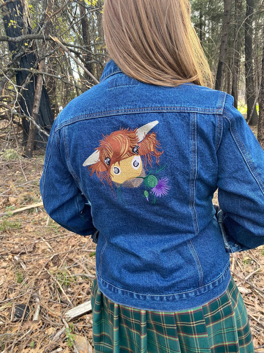 Denim jean jacket with Highland Cow embroidery on the back, blue jean fabric by Thistle & Stitch on Tampa Home & Garden Store