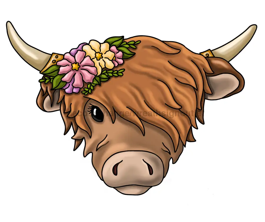 Highland Cow Sign graphic: brown cow head with pink and yellow flower crown DecoExchange on Tampa Home & Garden Store