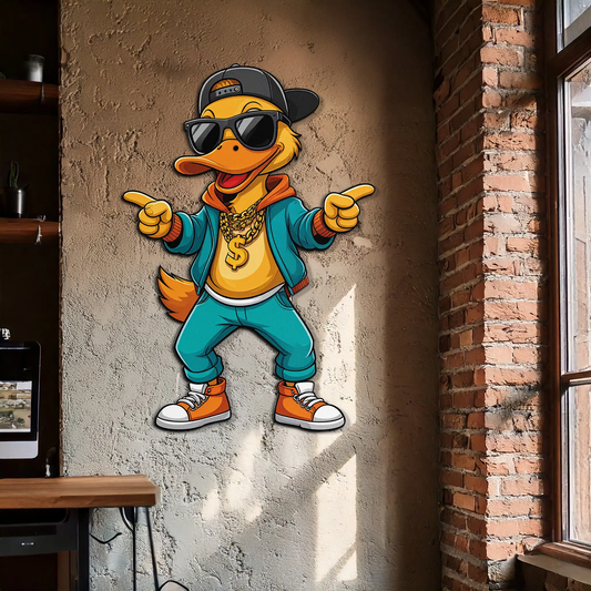 Hip Hop Duck UV print metal wall art by Enova Art featuring sunglasses, cap and gold chain on Tampa Home & Garden Store