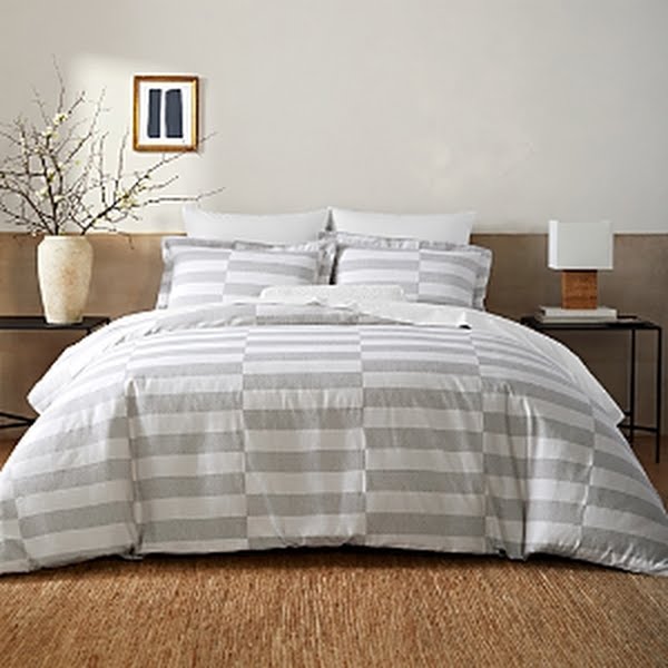 Duvet cover set Vanessa Jane broken dobby stripe, gray and white, new with tags on bed on Tampa Home & Garden Store
