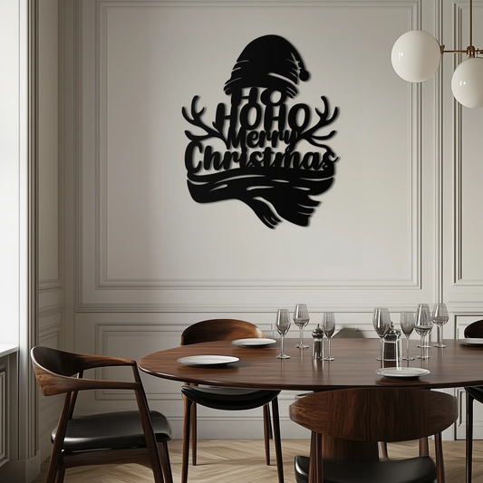 Ho Ho Ho Merry Christmas metal wall art in black, Santa hat silhouette, modern metal decor on Tampa Home & Garden Store