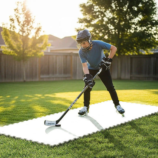 Hockey dryland flooring tiles for training on white interlocking mats with a youth hockey player on Tampa Home & Garden Store