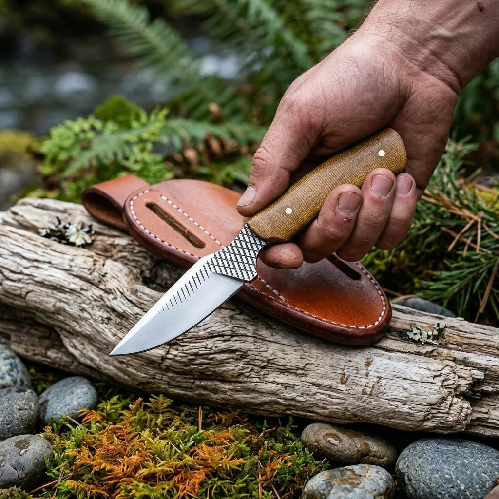 Frontier Cowboy Gear ranch knife with rasp tool steel blade and brown handle in leather sheath on Tampa Home & Garden Store