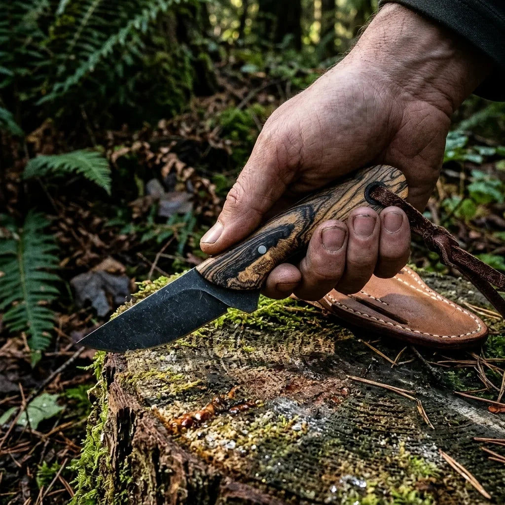 Frontier Cowboy Gear Cerakote D2 steel ranch knife with woodgrain handle and leather sheath on Tampa Home & Garden Store