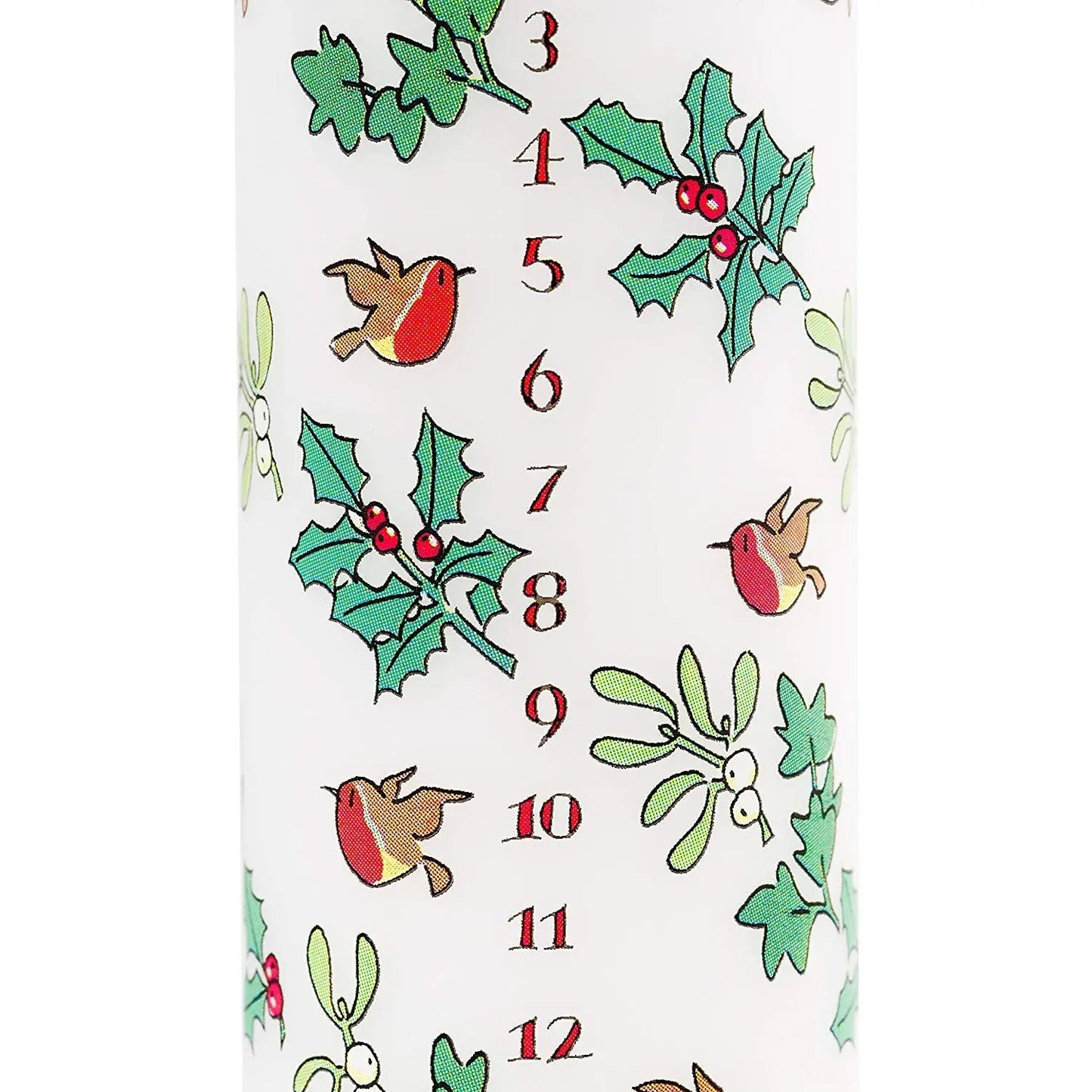 Holly and Ivy Advent Pillar Countdown candle with holly, berries and birds on white candle on Tampa Home & Garden Store