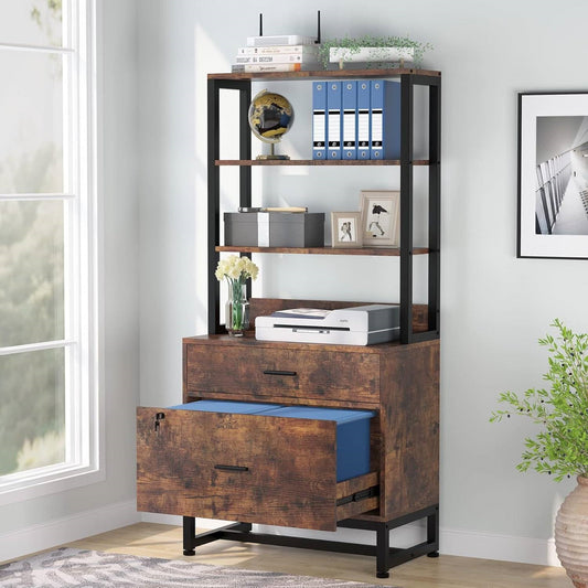 Home Office Lockable 2 Drawer Filing Cabinet Bookshelf in Brown Wood Finish - Tampa Home & Garden Store