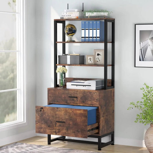 Home Office Lockable 2 Drawer Filing Cabinet with brown wood finish and black metal frame on Tampa Home & Garden Store