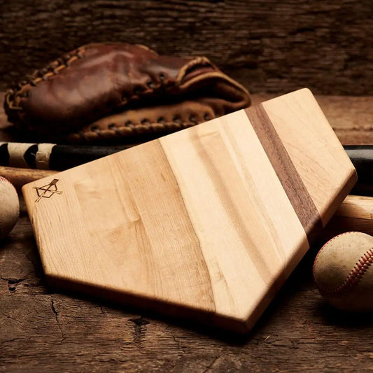 Home Plate Cutting Board with wood stripes and Baseball BBQ logo, baseballs on surface on Tampa Home & Garden Store