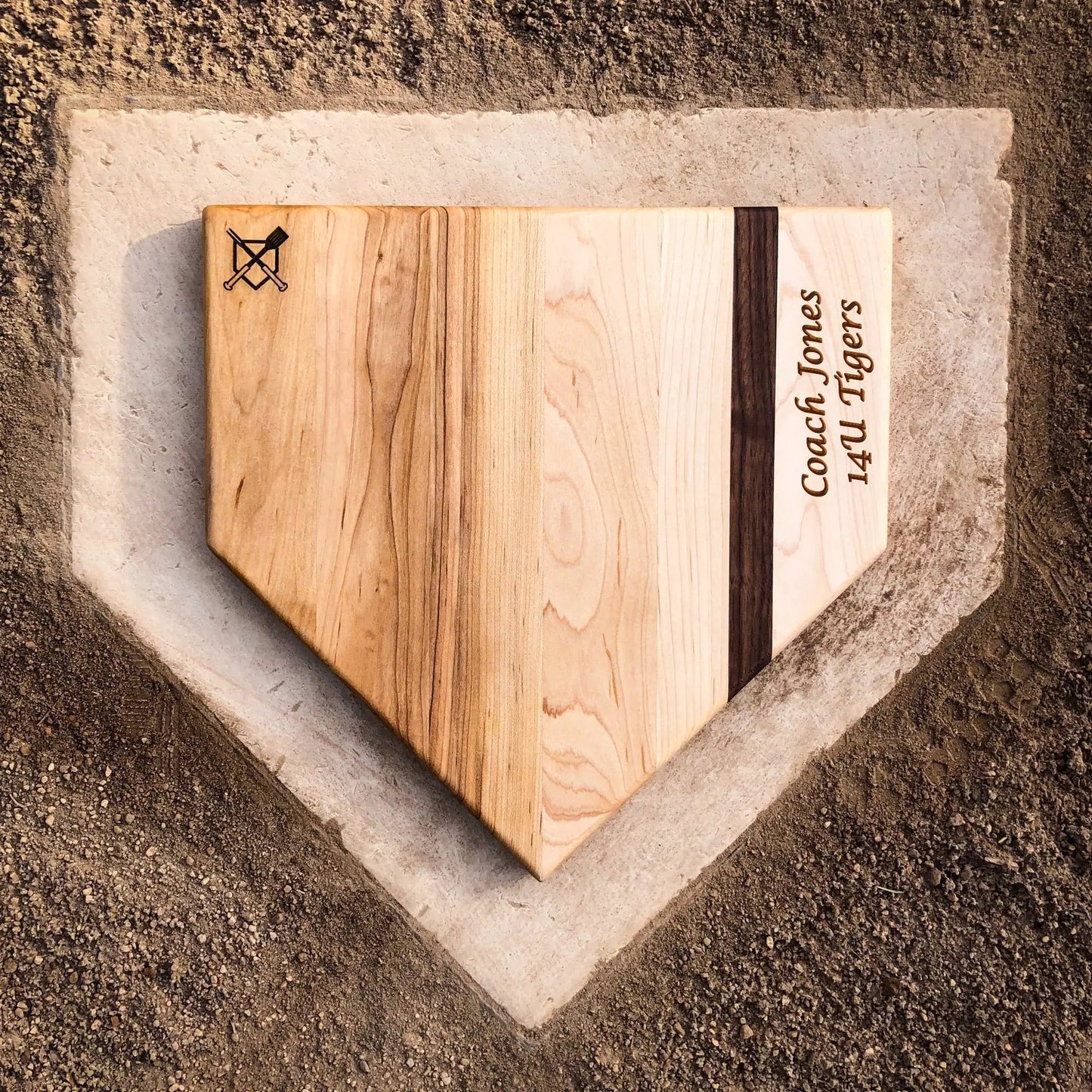 Home Plate Cutting Board with Engraving; light wood with dark inlay and grilling logo on Tampa Home & Garden Store